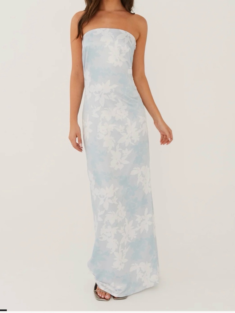 Peppermayo Strapless Pale Blue & White Floral Maxi Dress - satin draped back